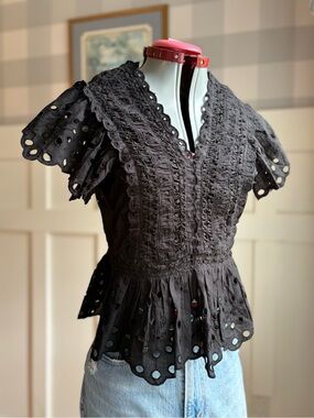 Jennifer Grace Black Eyelet Lace Peplum Blouse - Women's Small